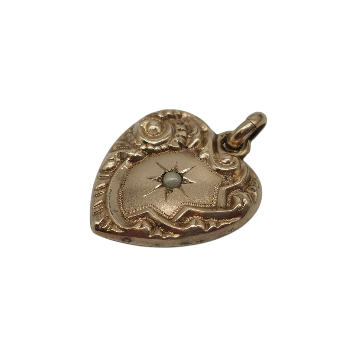 Antique 9ct Rose Gold Heart Charm With Pearl c.1900 L 1.6 cm 2.4 g.