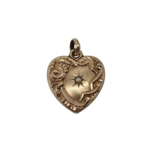 Antique 9ct Rose Gold Heart Charm With Pearl c.1900 L 1.6 cm 2.4 g.