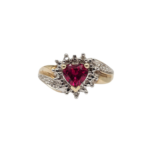 9ct gold Heart Ring with red Spinel and 3 diamond chips