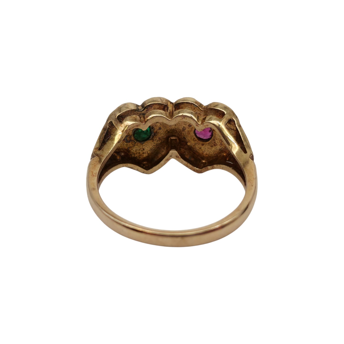 9ct 375 Yellow Gold Hearts Ring With Pearls Ruby & Emerald 1976 Size M 3.3 g.