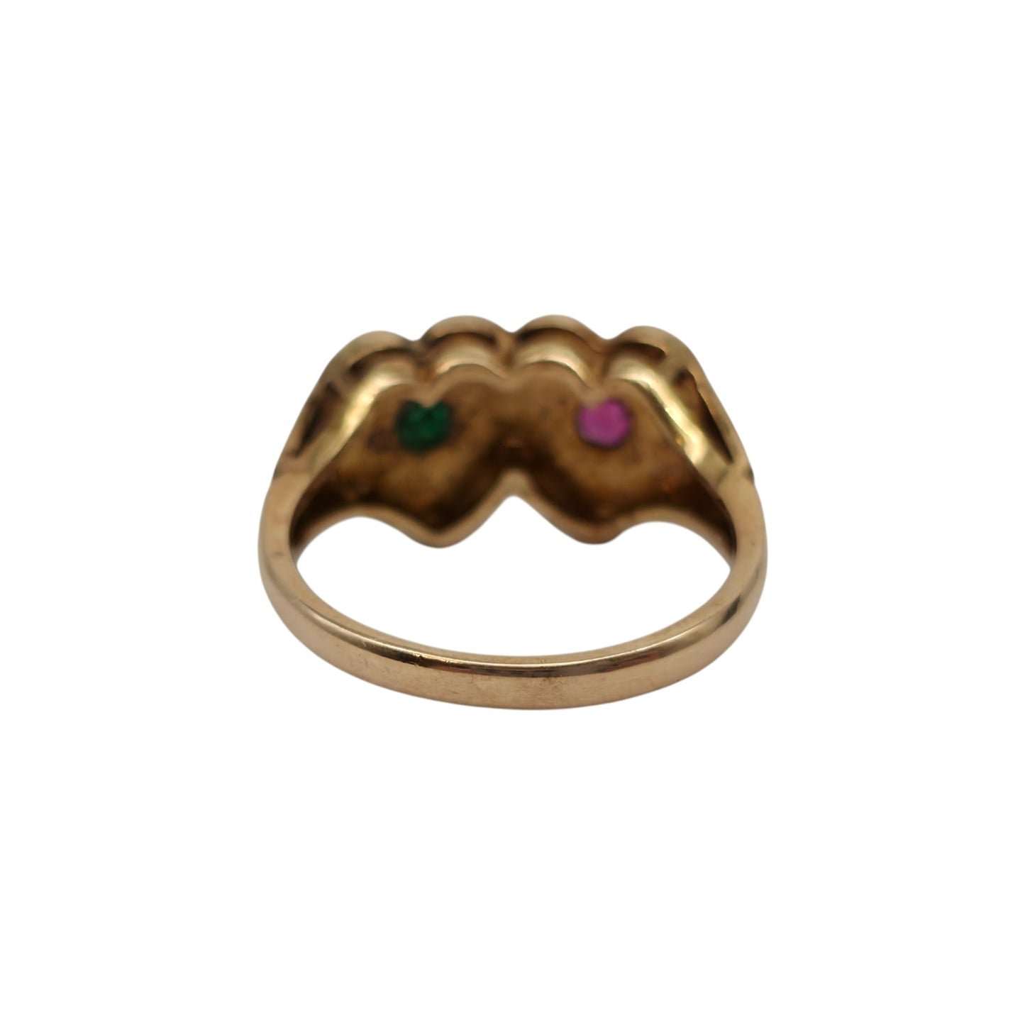 9ct 375 Yellow Gold Hearts Ring With Pearls Ruby & Emerald 1976 Size M 3.3 g.