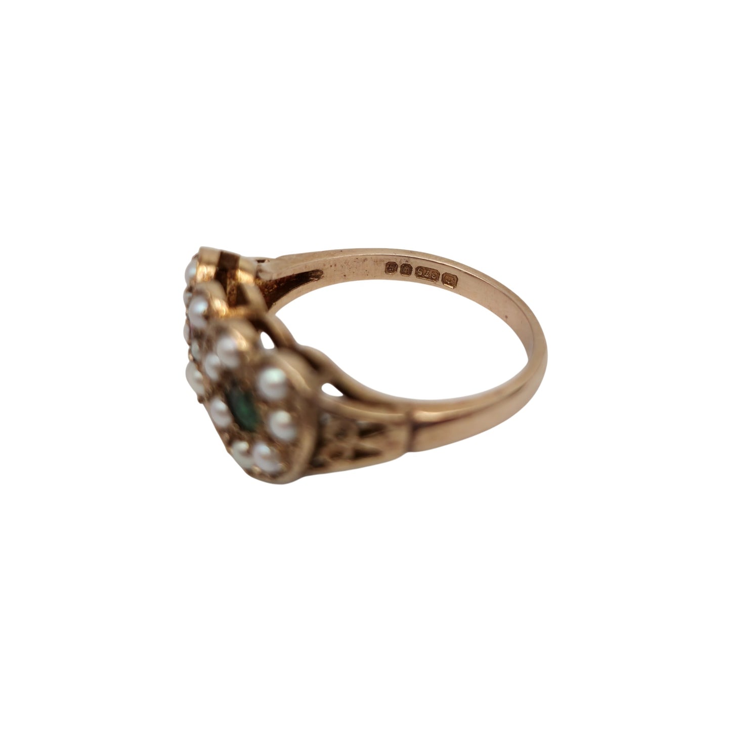 9ct 375 Yellow Gold Hearts Ring With Pearls Ruby & Emerald 1976 Size M 3.3 g.