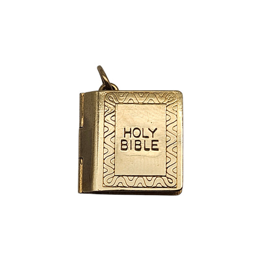 9ct 375 Yellow Gold Holy Bible Opening Charm 1978 L 1.4 cm 2.2 g.