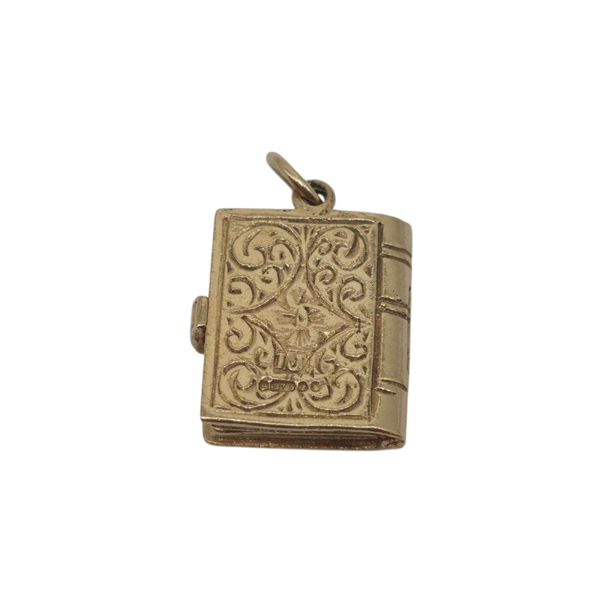 9ct 375 Yellow Gold Holy Bible Opening Charm 1973 L 1.3 cm 3.3 g.