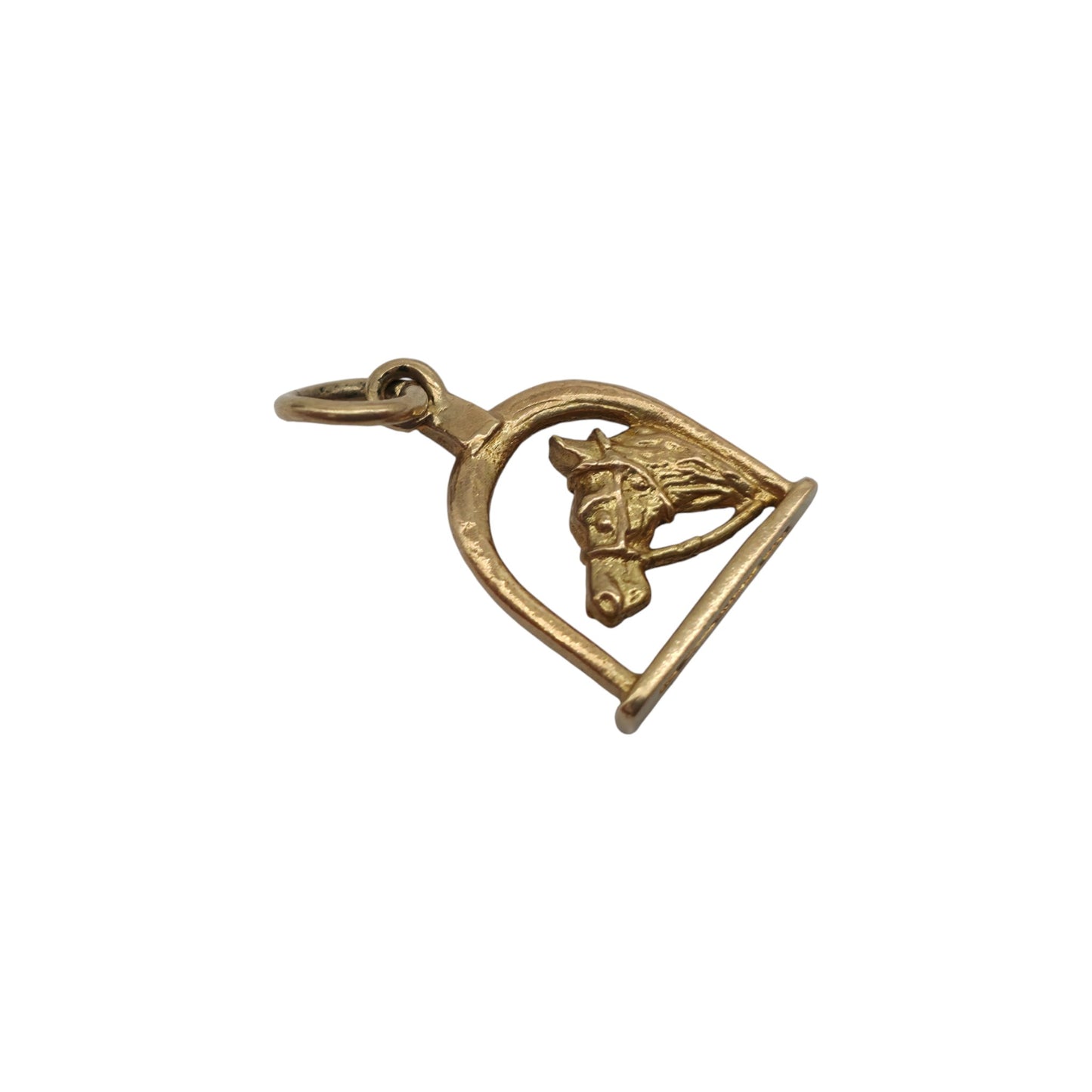 9ct 375 Yellow Gold Stirrup & Horse's Head Charm 1974 L 1.2 cm 1.0 g.