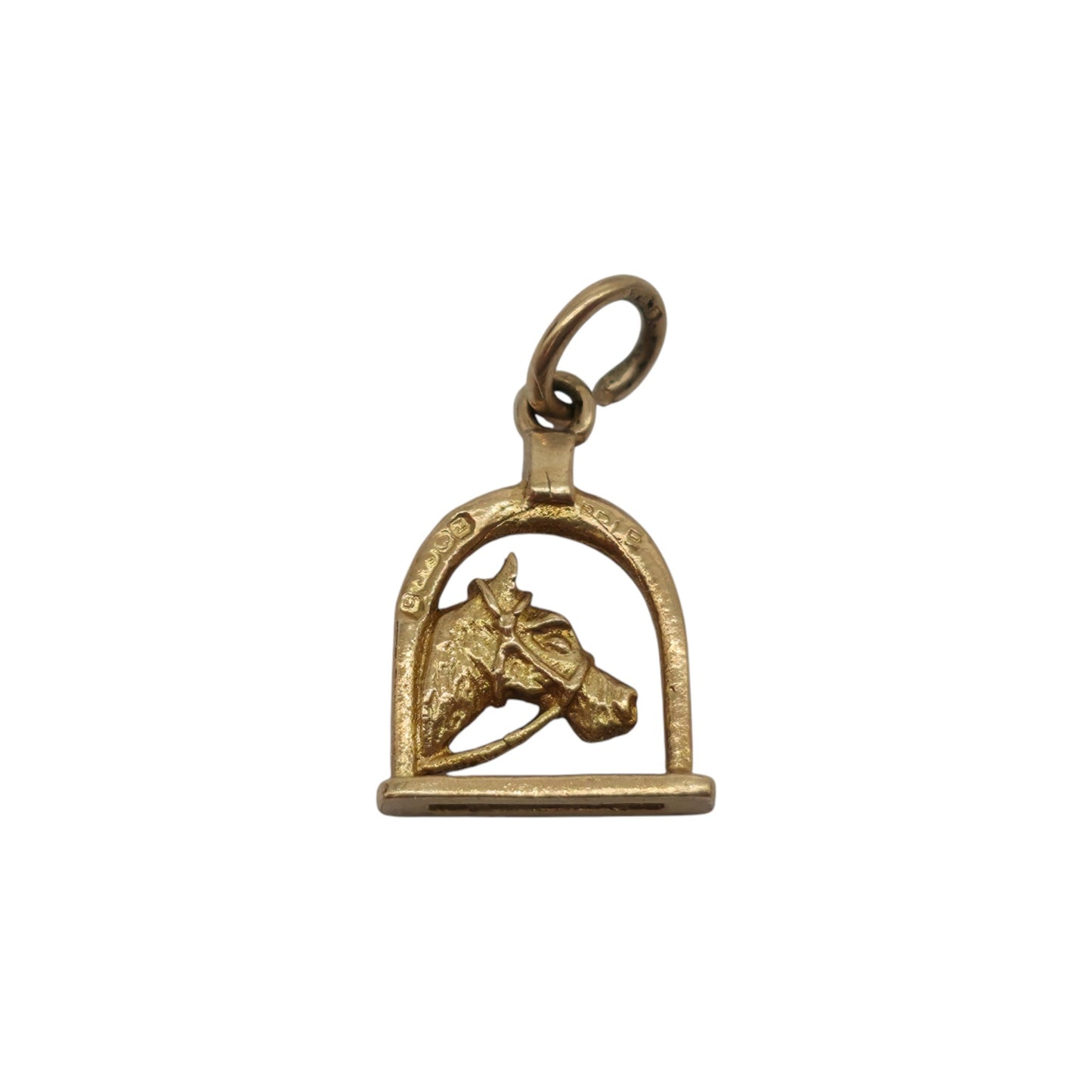 9ct 375 Yellow Gold Stirrup & Horse's Head Charm 1974 L 1.2 cm 1.0 g.