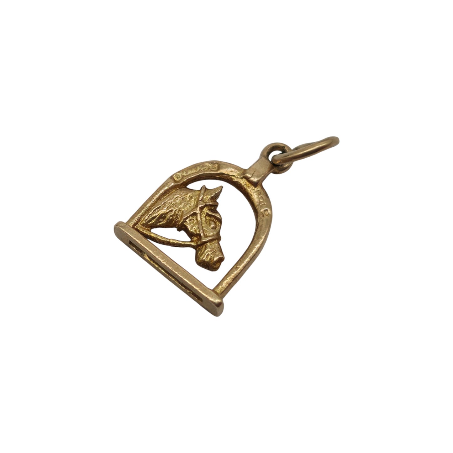 9ct 375 Yellow Gold Stirrup & Horse's Head Charm 1974 L 1.2 cm 1.0 g.