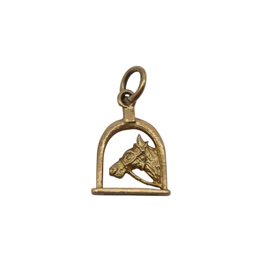 9ct 375 Yellow Gold Stirrup & Horse's Head Charm 1974 L 1.2 cm 1.0 g.