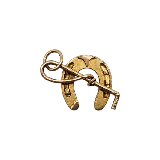 9ct Yellow Gold Horseshoe & Riding Crop Charm c.1960's L 1.5 cm 0.8 g.