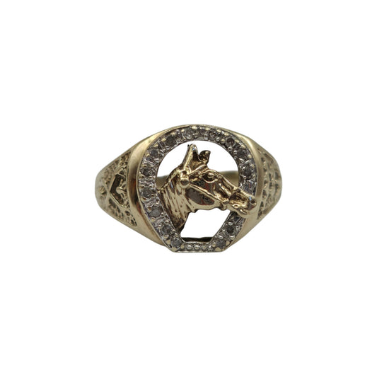 9ct 375 Yellow Gold Horse's Head & Horseshoe Ring With Diamonds Size Q 1/2 6.0 g.