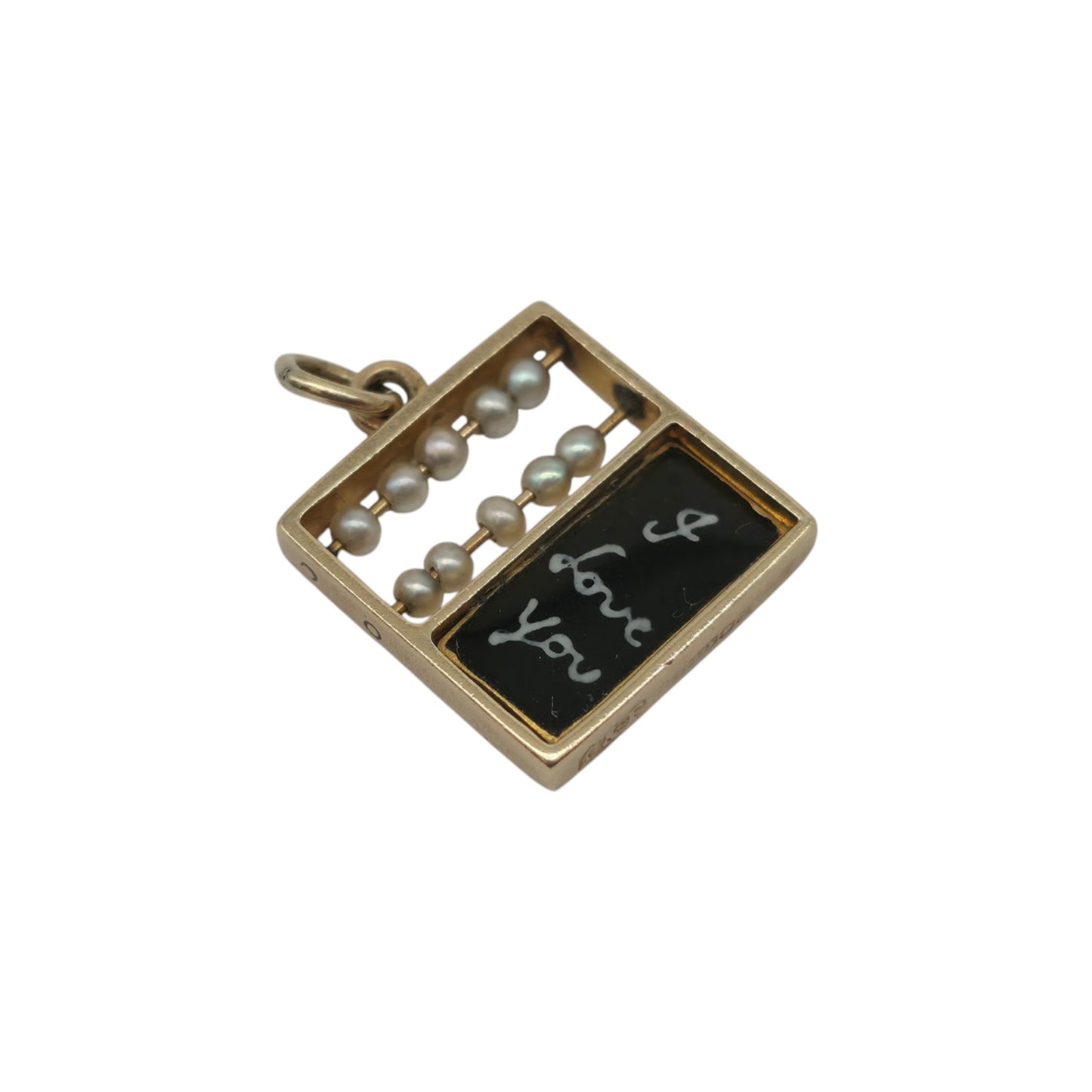 希少 9金 375 ゴールド & エナメル 「I Love You」そろばんチャーム 1947年製 長さ1.2cm 1.4g