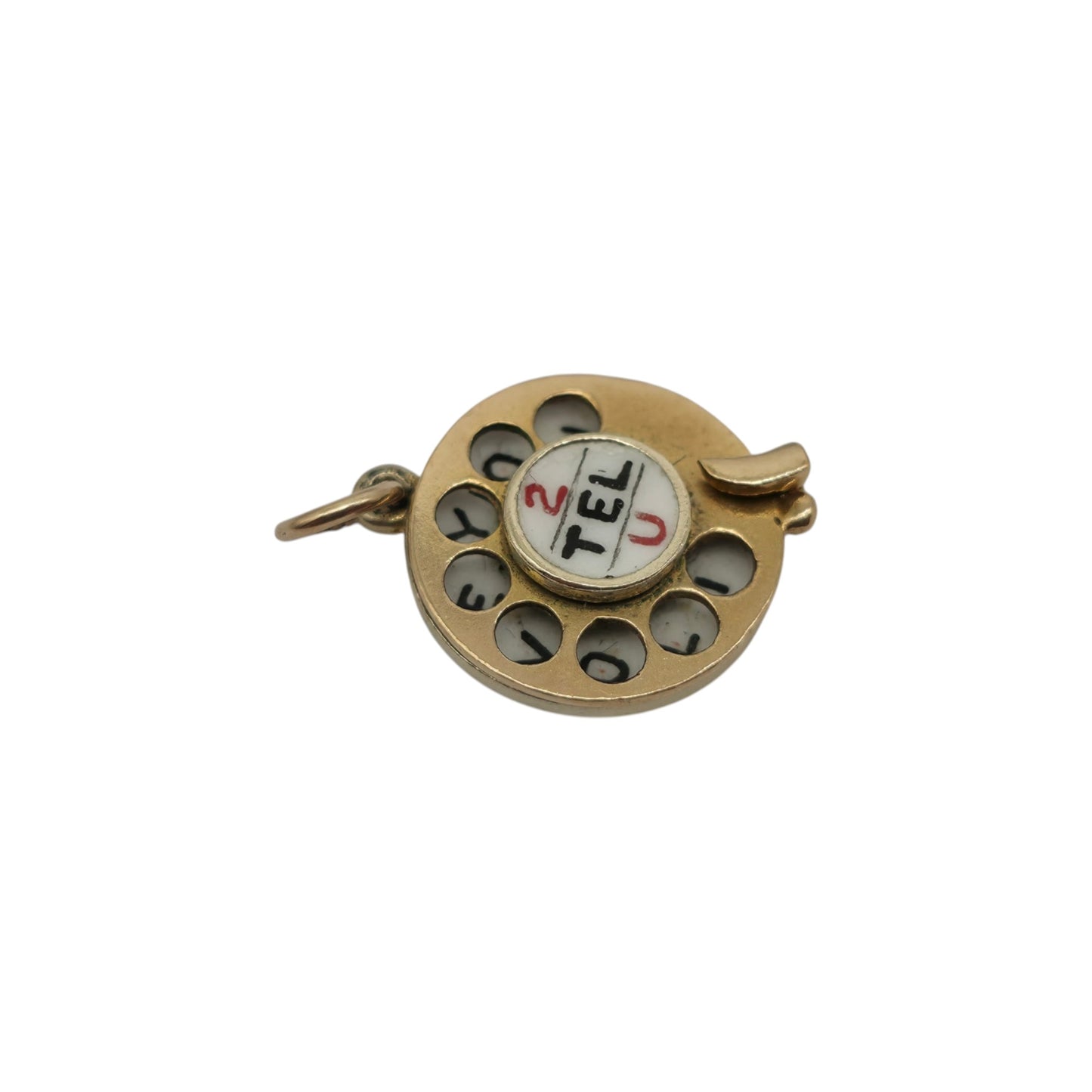 9ct 375 Yellow Gold & Enamel Articulated "2 Tel U I Love You" Telephone Charm 1952 L 1.2 cm 2.6 g.