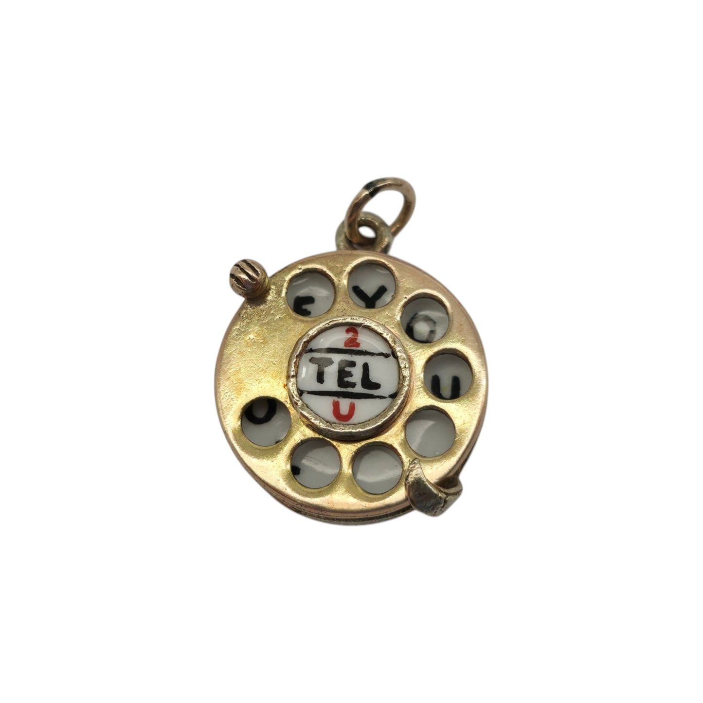 9ct 375 Yellow Gold & Enamel "2 Tel U I Love You" Telephone Charm 1961 L 1.5 cm 4.5 g.