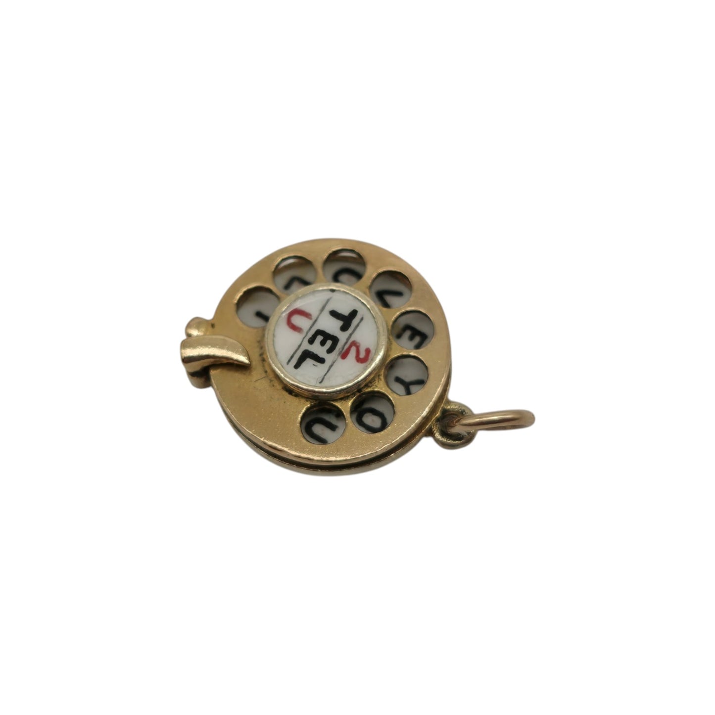 9ct 375 Yellow Gold & Enamel Articulated "2 Tel U I Love You" Telephone Charm 1952 L 1.2 cm 2.6 g.