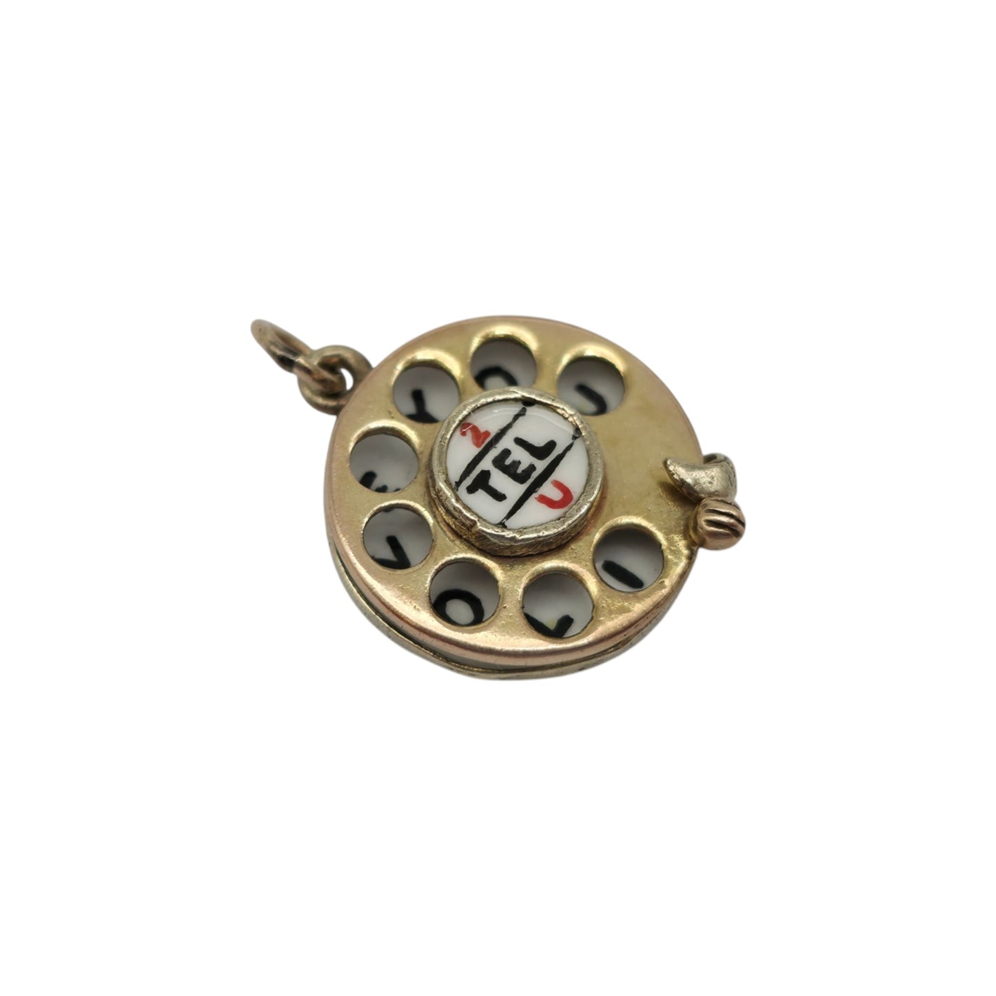 9ct 375 Yellow Gold & Enamel "2 Tel U I Love You" Telephone Charm 1961 L 1.5 cm 4.5 g.