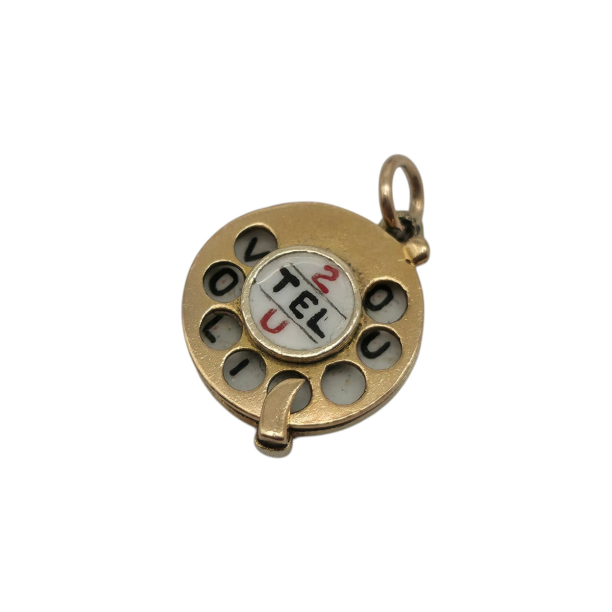 9ct 375 Yellow Gold & Enamel Articulated "2 Tel U I Love You" Telephone Charm 1952 L 1.2 cm 2.6 g.