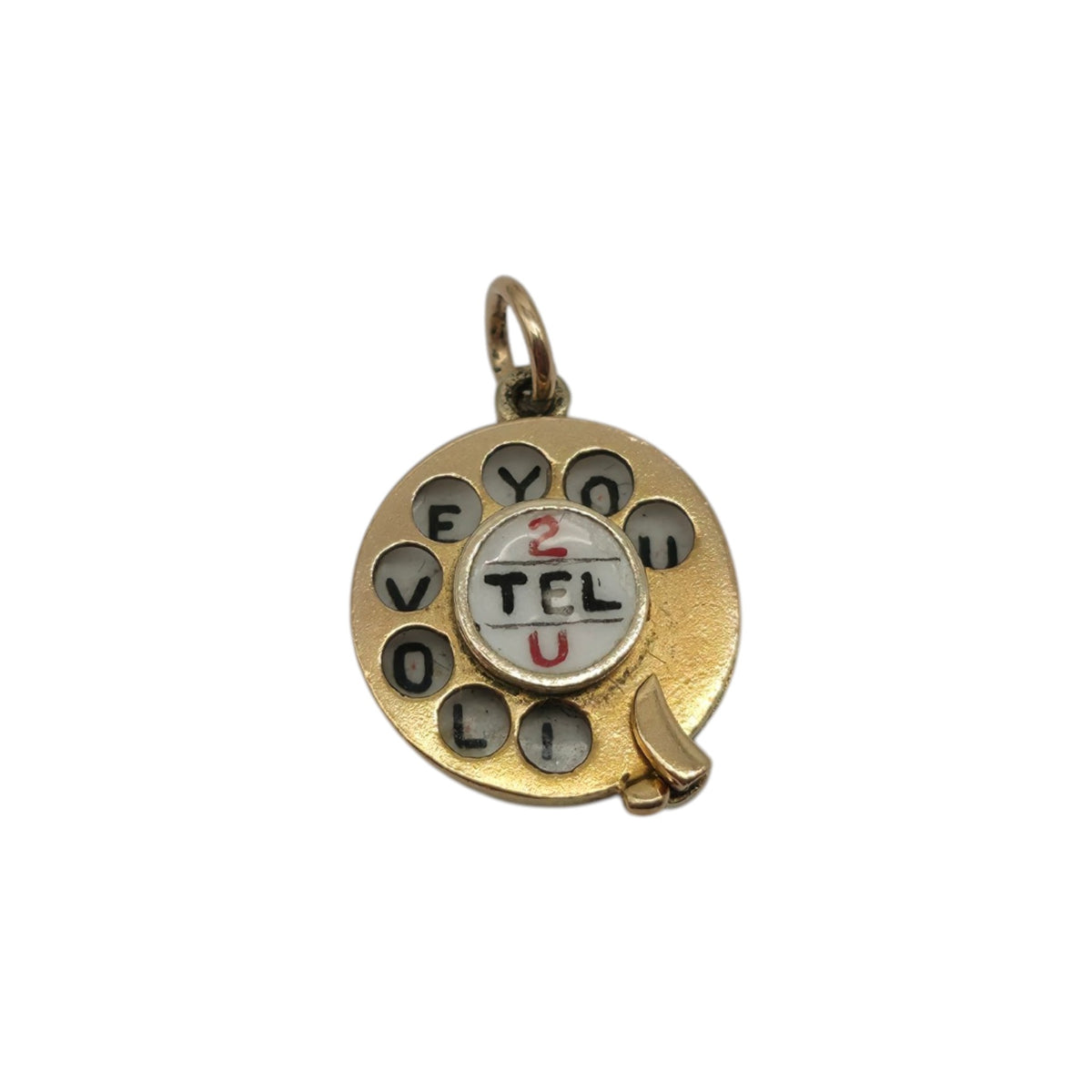 9ct 375 Yellow Gold & Enamel Articulated "2 Tel U I Love You" Telephone Charm 1952 L 1.2 cm 2.6 g.