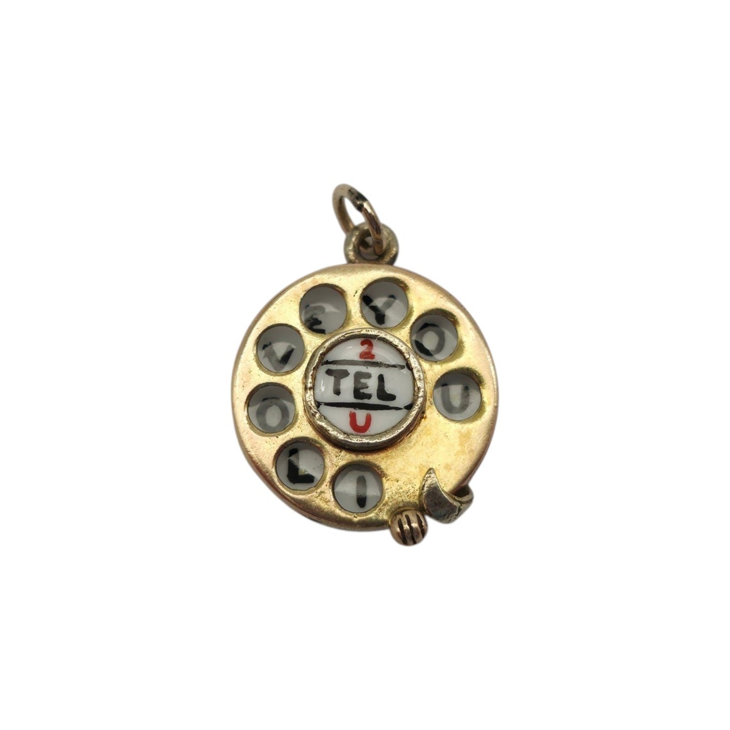 9ct 375 Yellow Gold & Enamel "2 Tel U I Love You" Telephone Charm 1961 L 1.5 cm 4.5 g.