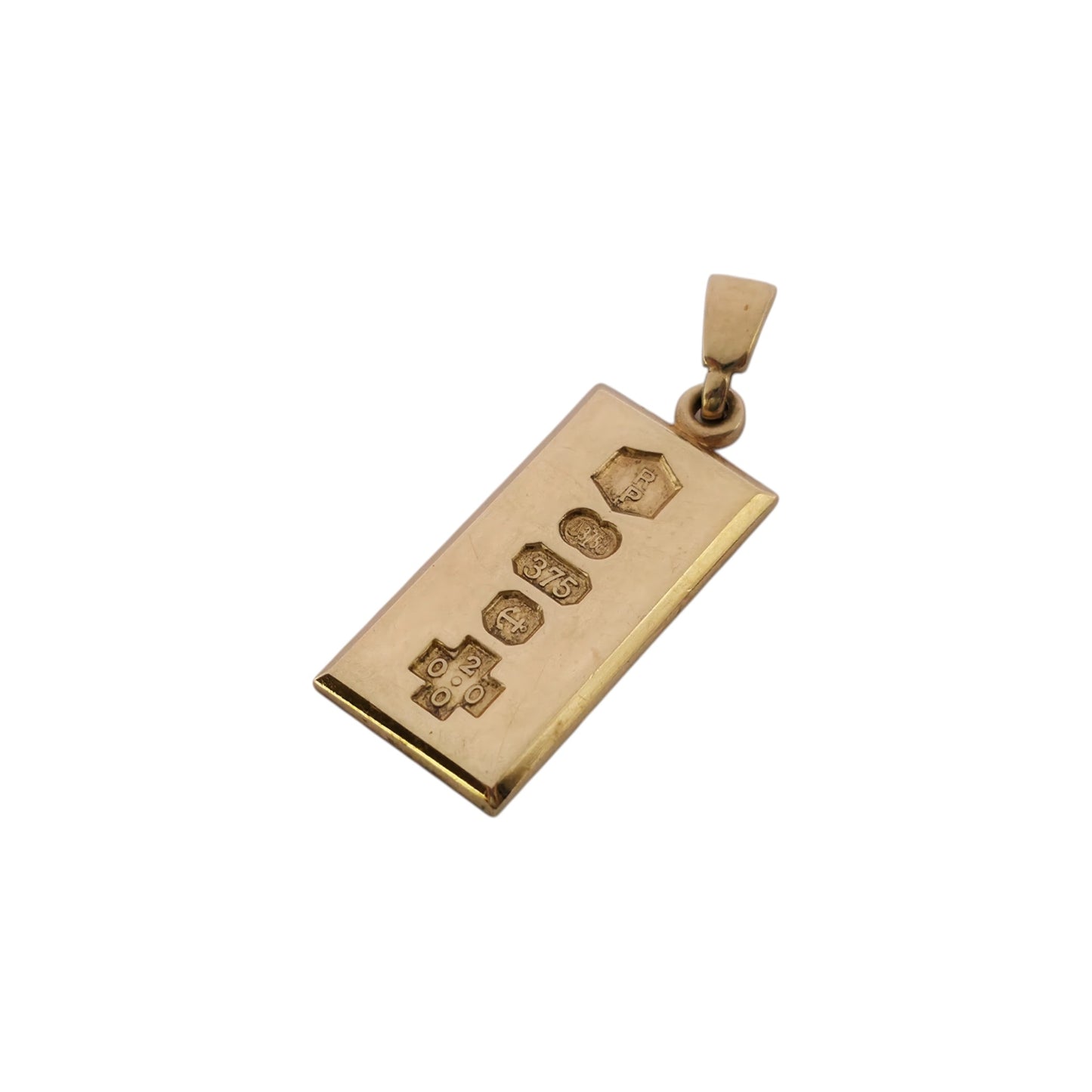 9ct 375 Yellow Gold Ingot Pendant 2000 L 2.0 cm 3.4 g.