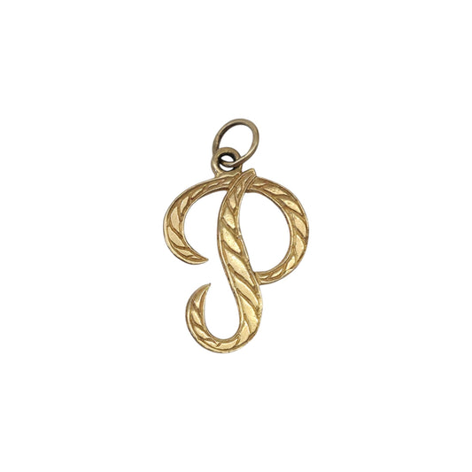 9ct 375 Yellow Gold Initial "P" Letter Charm 1972 L 1.5 cm 0.7 g.