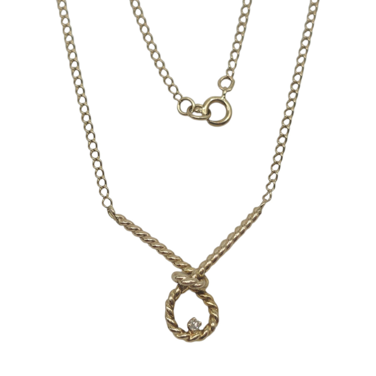 9ct 375 Yellow Gold Knot Necklace With White Sapphire 1978 L 47.5 cm 2.9 g.
