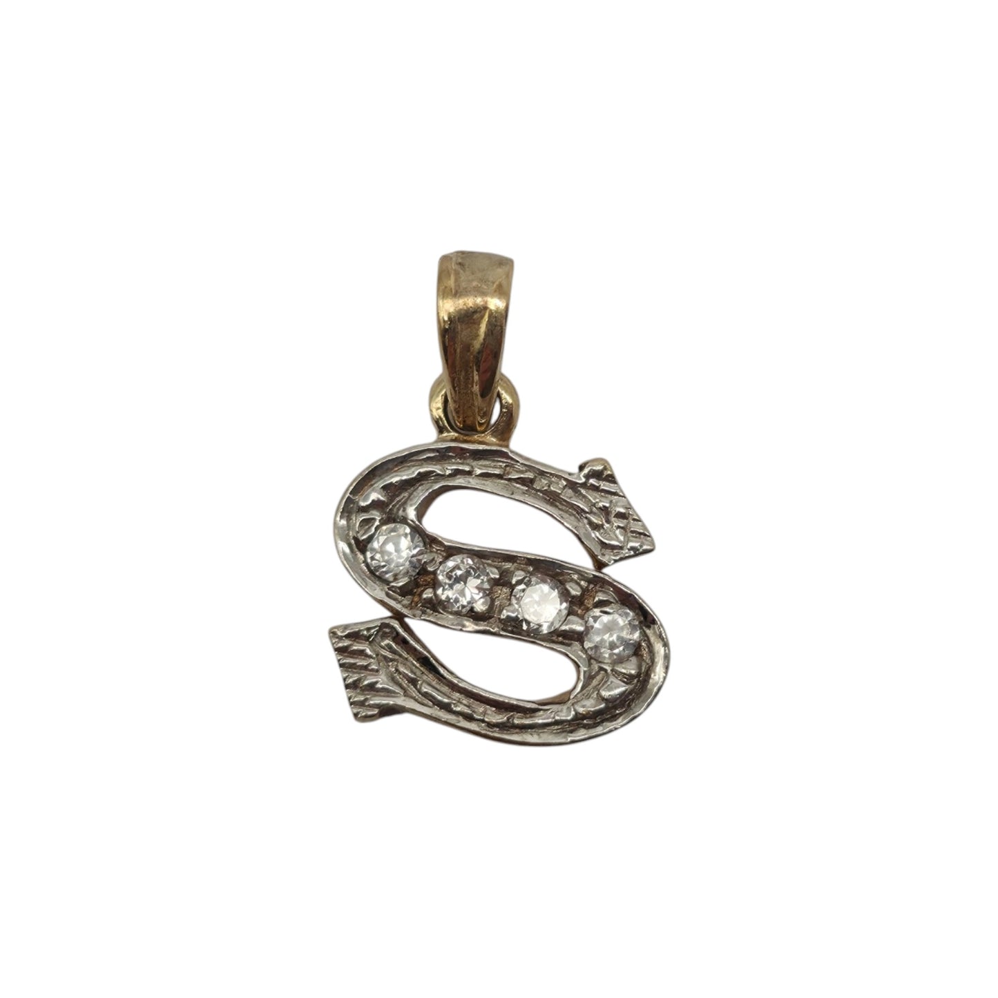 9ct 375 Yellow & White Gold Letter "S" Initial Pendant L 0.9 cm 1.2 g.