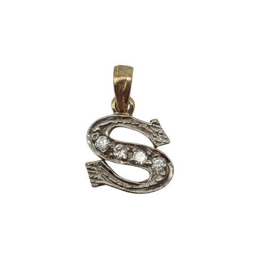 9ct 375 Yellow & White Gold Letter "S" Initial Pendant L 0.9 cm 1.2 g.