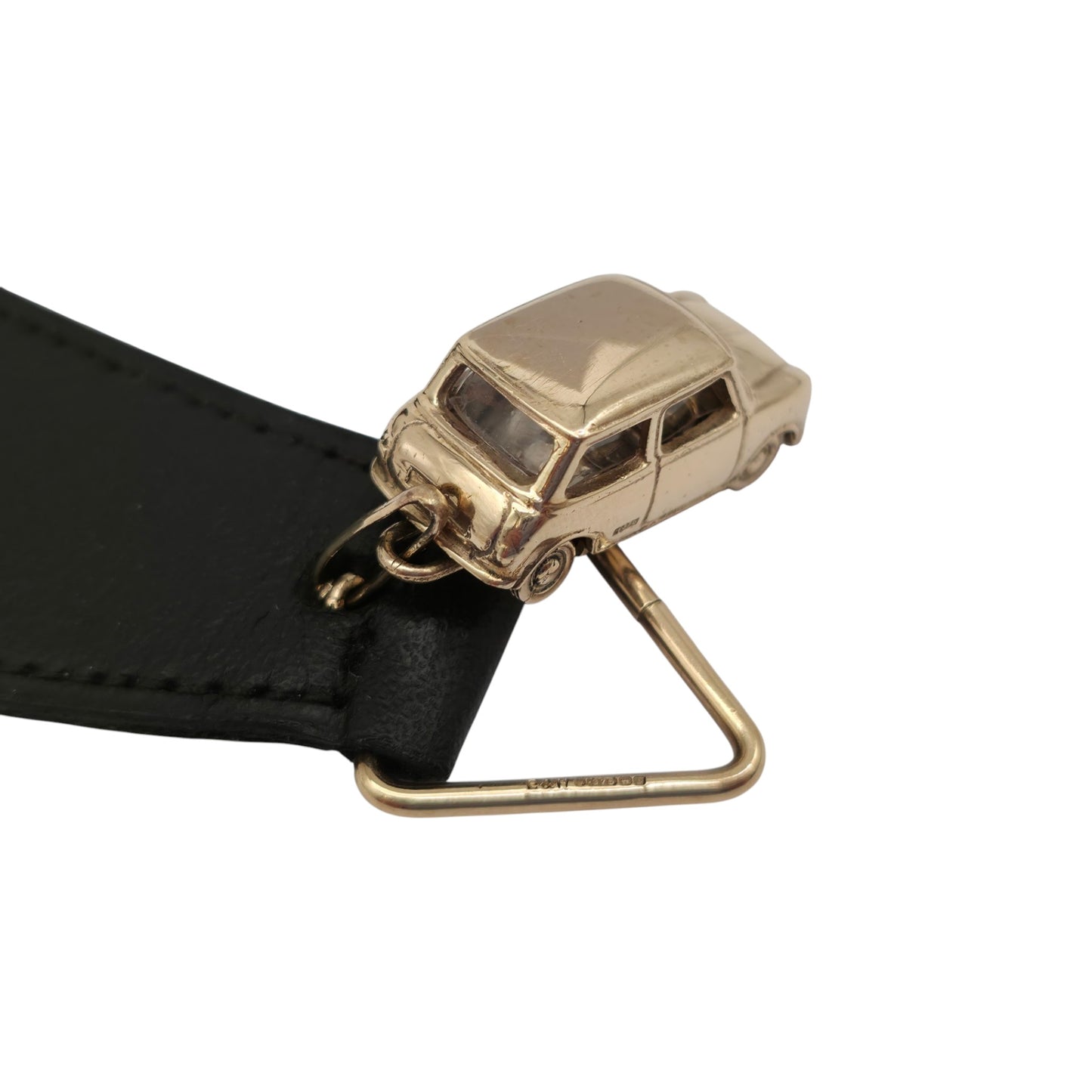 Unusual Heavy 9ct 375 Yellow Gold Mini Cooper Leather Key Fob 1967, 16.0 g.