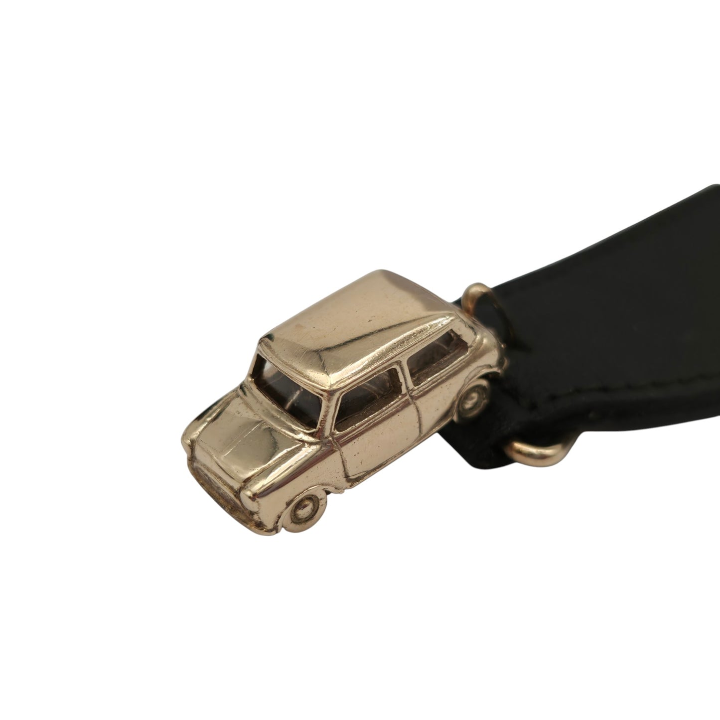 Unusual Heavy 9ct 375 Yellow Gold Mini Cooper Leather Key Fob 1967, 16.0 g.