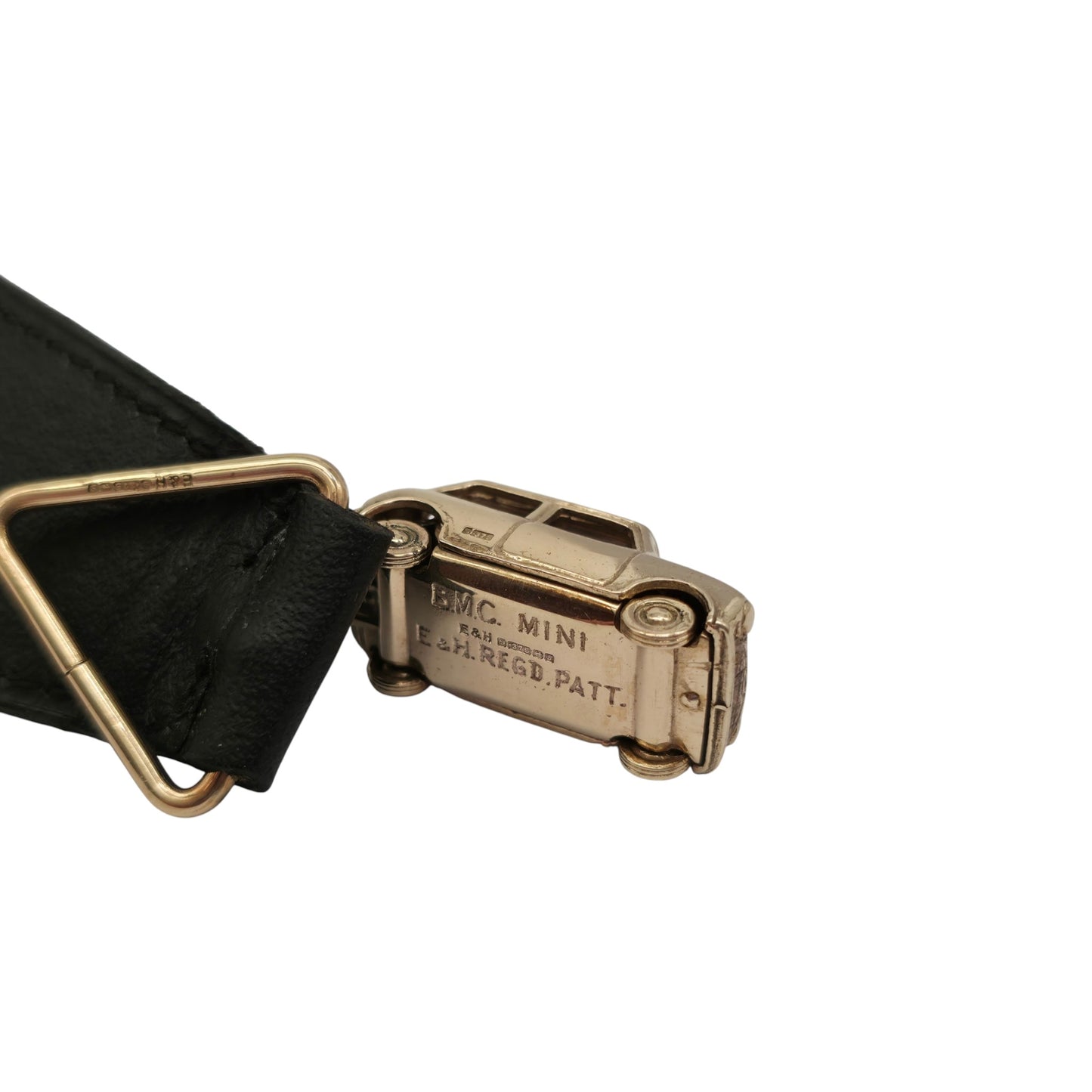 Unusual Heavy 9ct 375 Yellow Gold Mini Cooper Leather Key Fob 1967, 16.0 g.