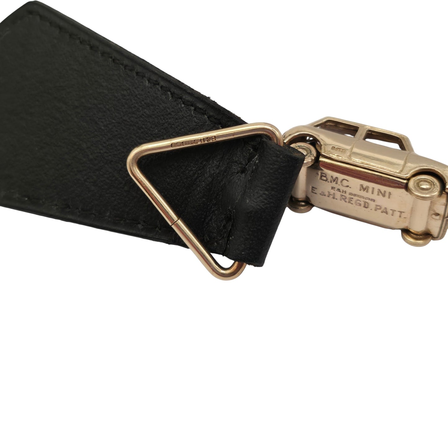 Unusual Heavy 9ct 375 Yellow Gold Mini Cooper Leather Key Fob 1967, 16.0 g.
