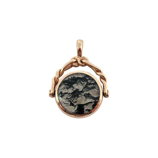 9ct 375 Rose Gold Swivel Fob With Moss Agate & Tiger's Eye 2005 L 3.4 cm 9.3 g.