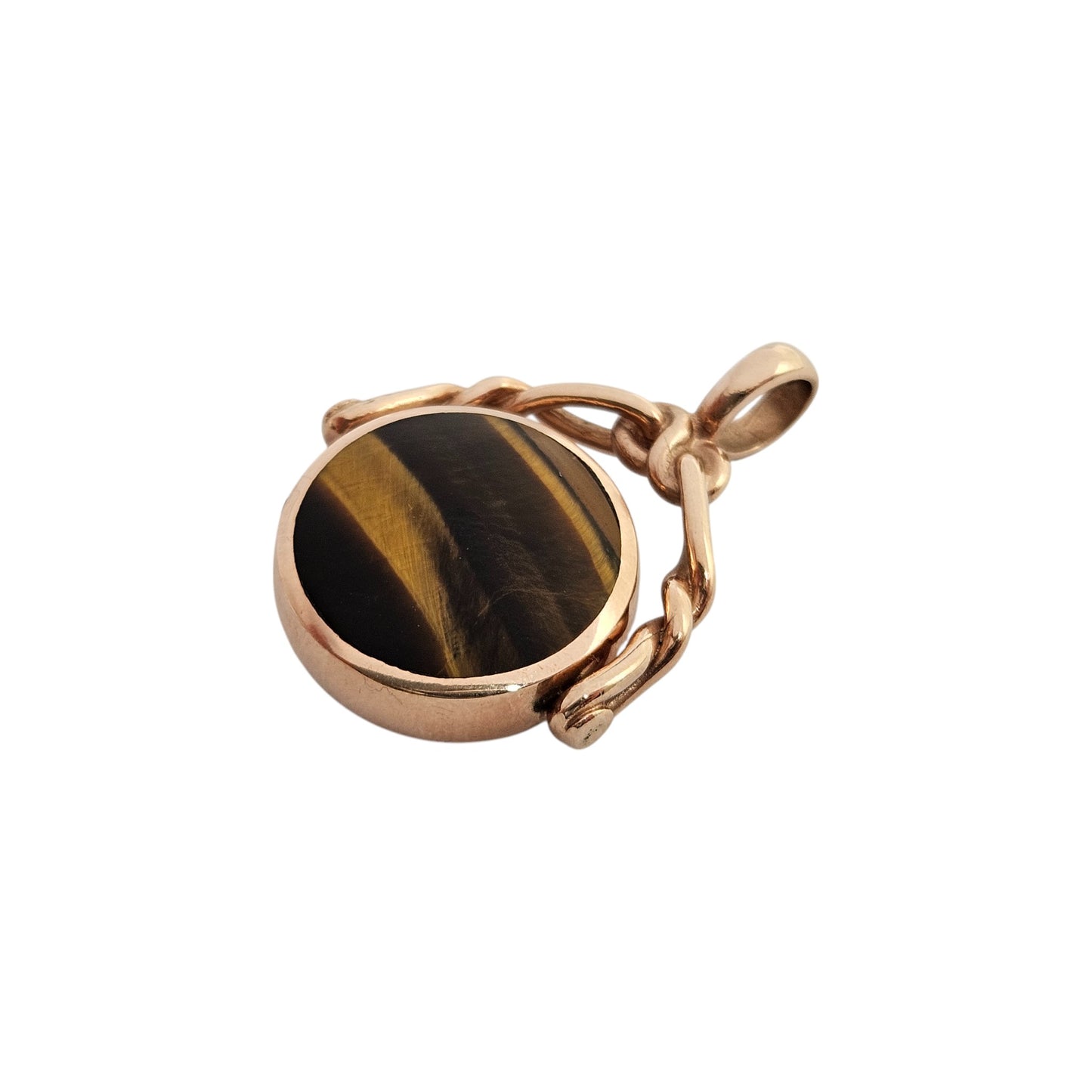 9ct 375 Rose Gold Swivel Fob With Moss Agate & Tiger's Eye 2005 L 3.4 cm 9.3 g.