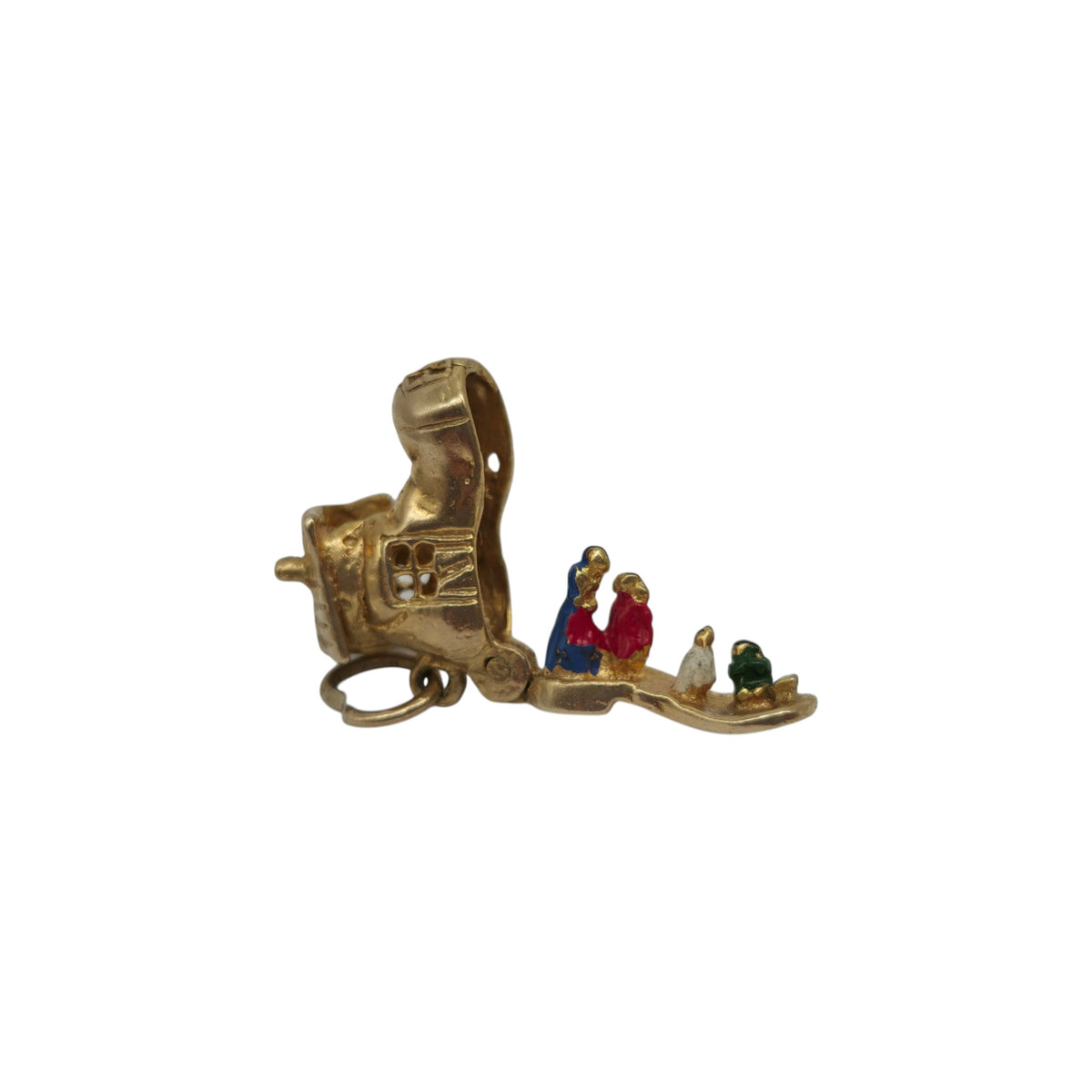 9ct 375 Yellow Gold & Enamel Mother Hubbard Inside Shoe Opening Charm 1967 L 1.5 cm 2.7 g.
