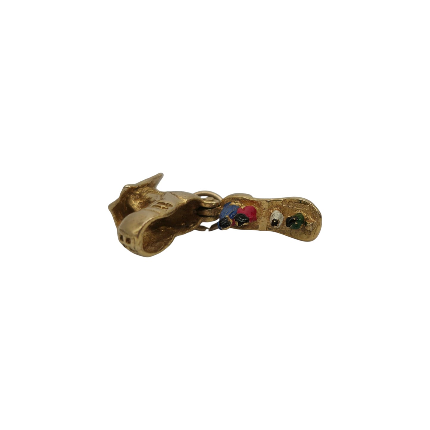 9ct 375 Yellow Gold & Enamel Mother Hubbard Inside Shoe Opening Charm 1967 L 1.5 cm 2.7 g.