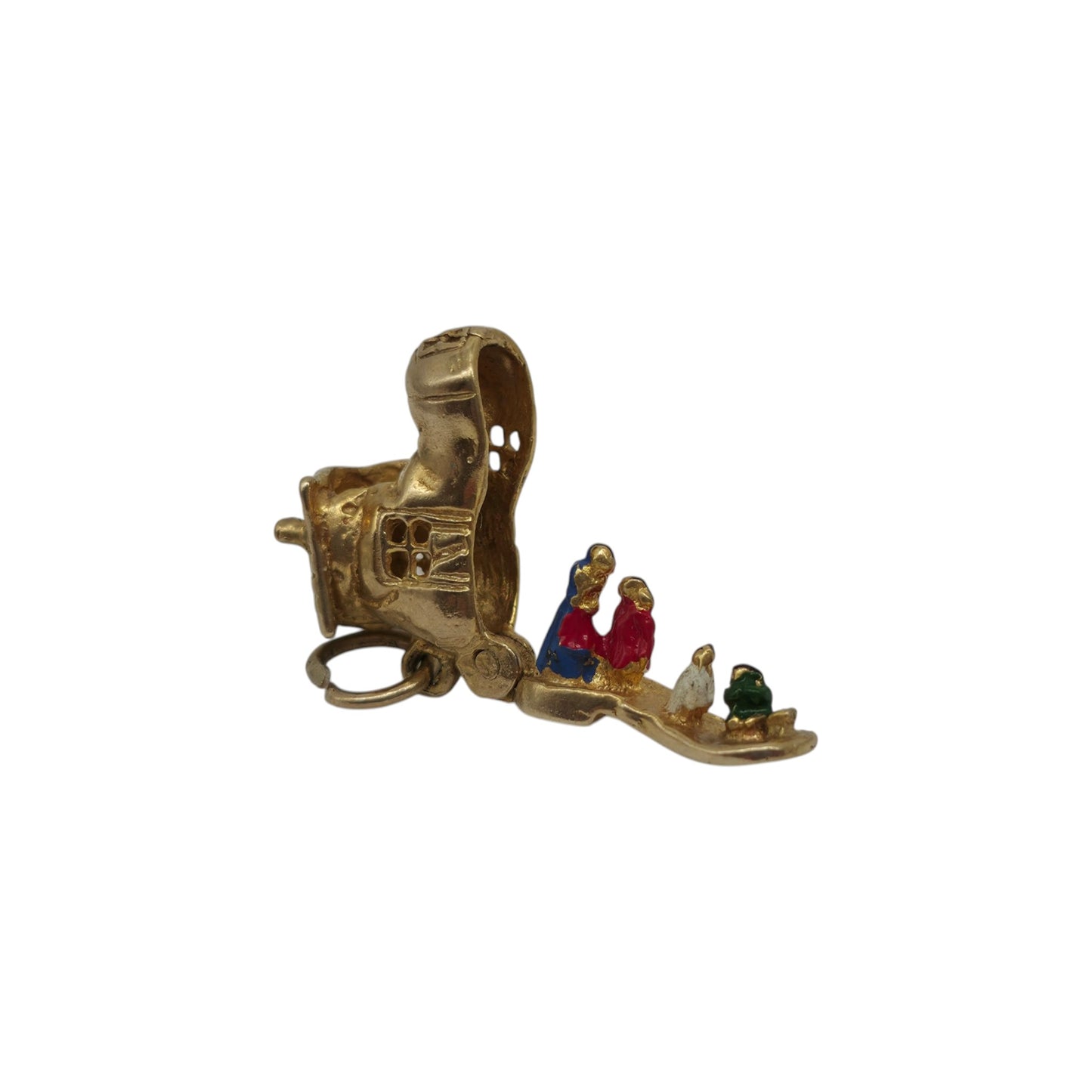 9ct 375 Yellow Gold & Enamel Mother Hubbard Inside Shoe Opening Charm 1967 L 1.5 cm 2.7 g.