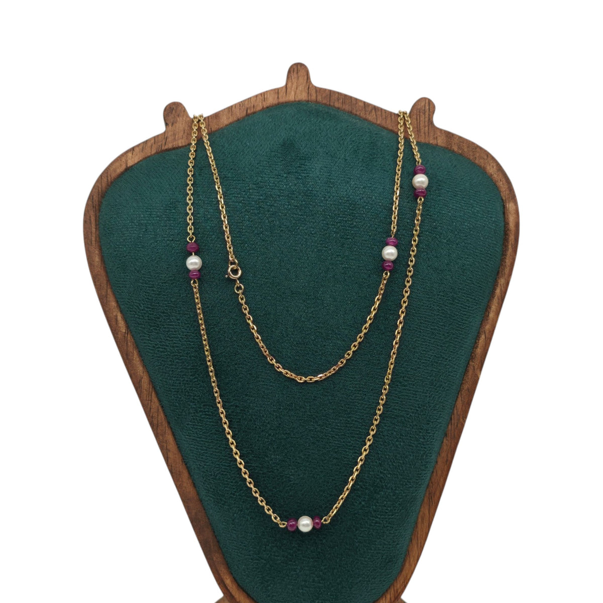 Long 18ct 750 Yellow Gold Ruby & Pearls Necklace 1983 L 70.5 cm 12.7 g.