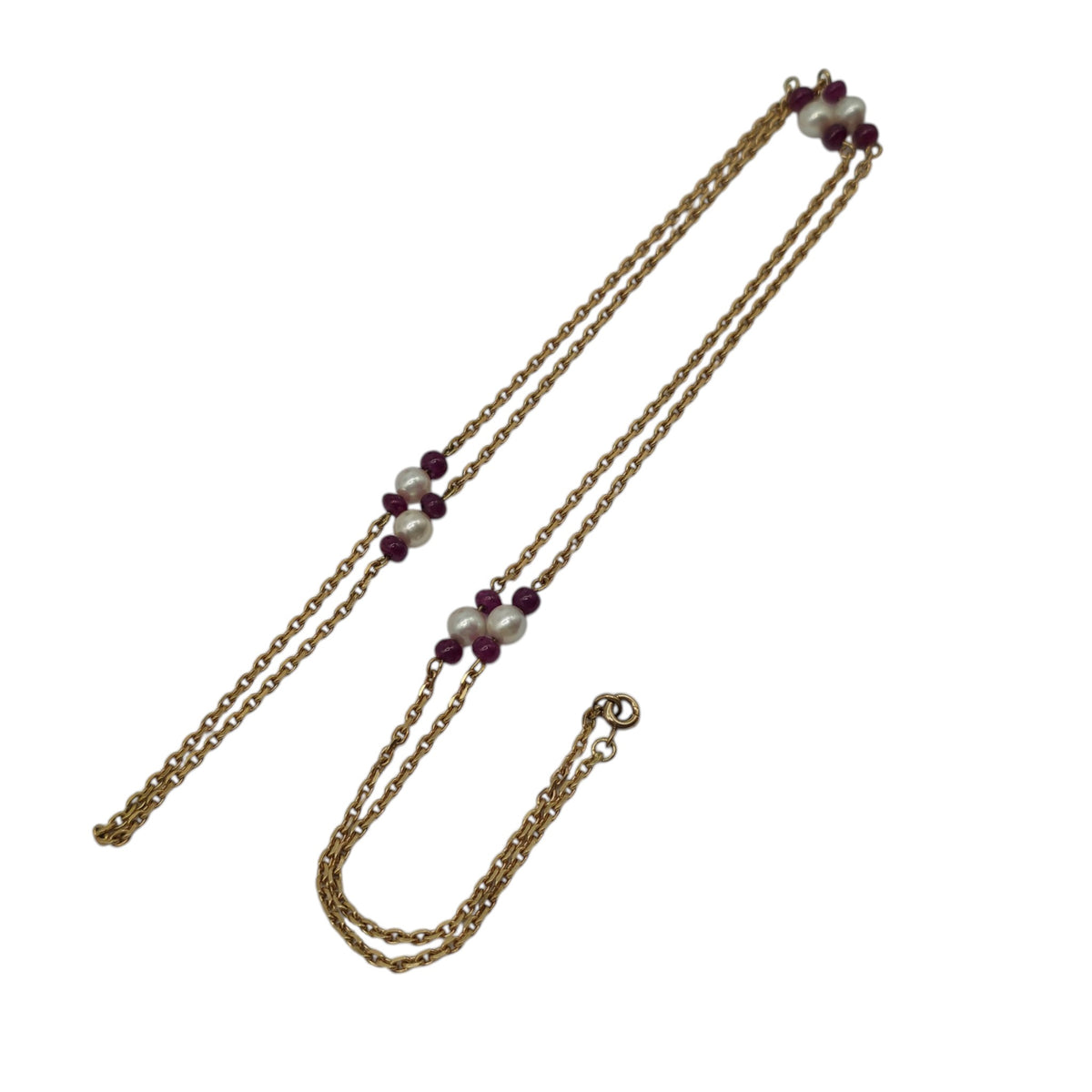 Long 18ct 750 Yellow Gold Ruby & Pearls Necklace 1983 L 70.5 cm 12.7 g.