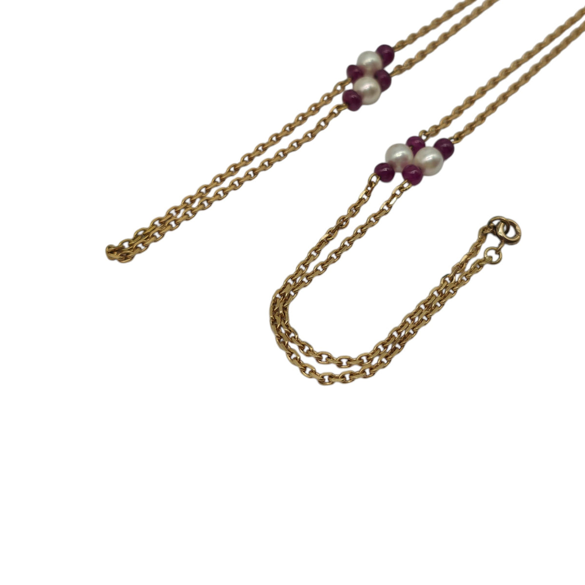 Long 18ct 750 Yellow Gold Ruby & Pearls Necklace 1983 L 70.5 cm 12.7 g.