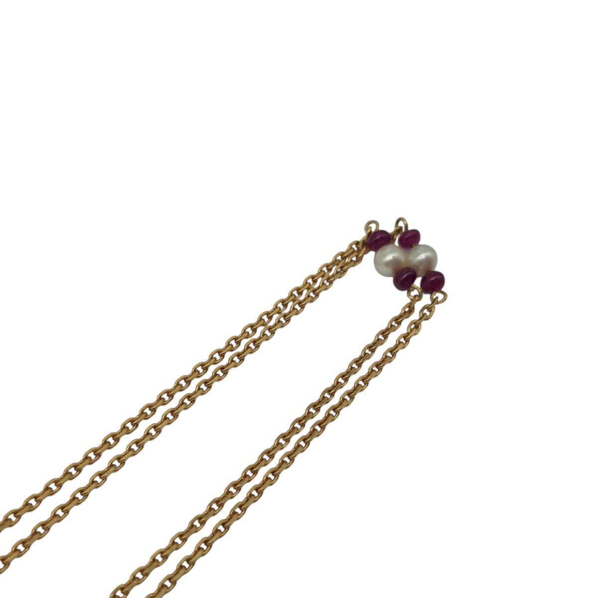 Long 18ct 750 Yellow Gold Ruby & Pearls Necklace 1983 L 70.5 cm 12.7 g.