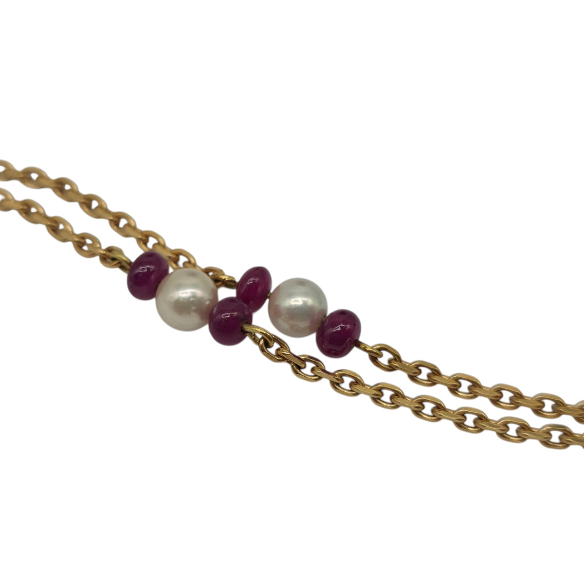 Long 18ct 750 Yellow Gold Ruby & Pearls Necklace 1983 L 70.5 cm 12.7 g.
