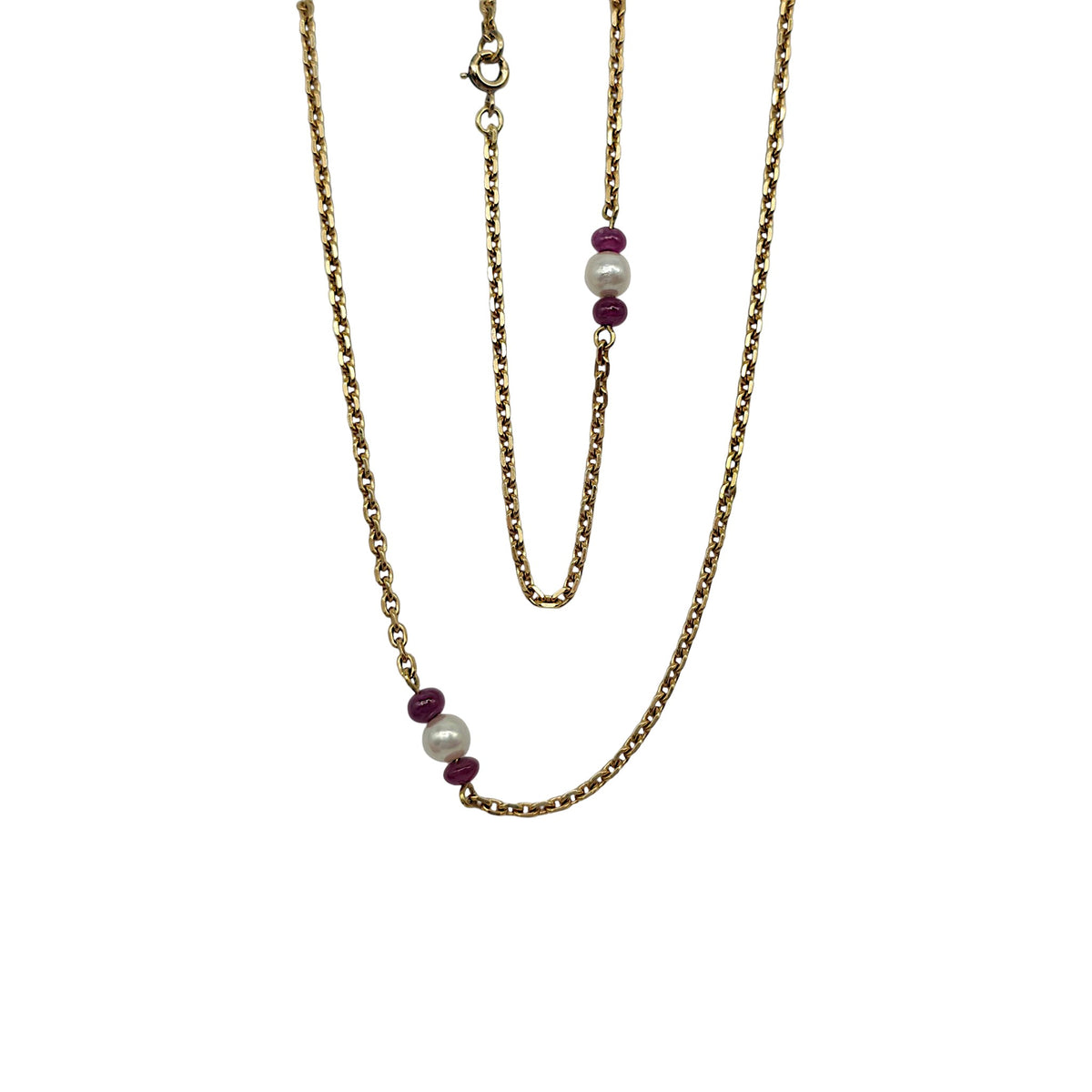 Long 18ct 750 Yellow Gold Ruby & Pearls Necklace 1983 L 70.5 cm 12.7 g.