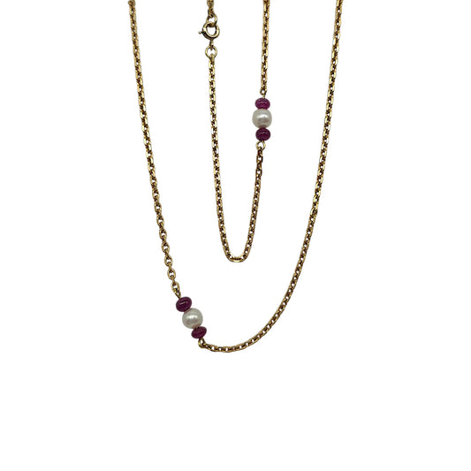 Long 18ct 750 Yellow Gold Ruby & Pearls Necklace 1983 L 70.5 cm 12.7 g.