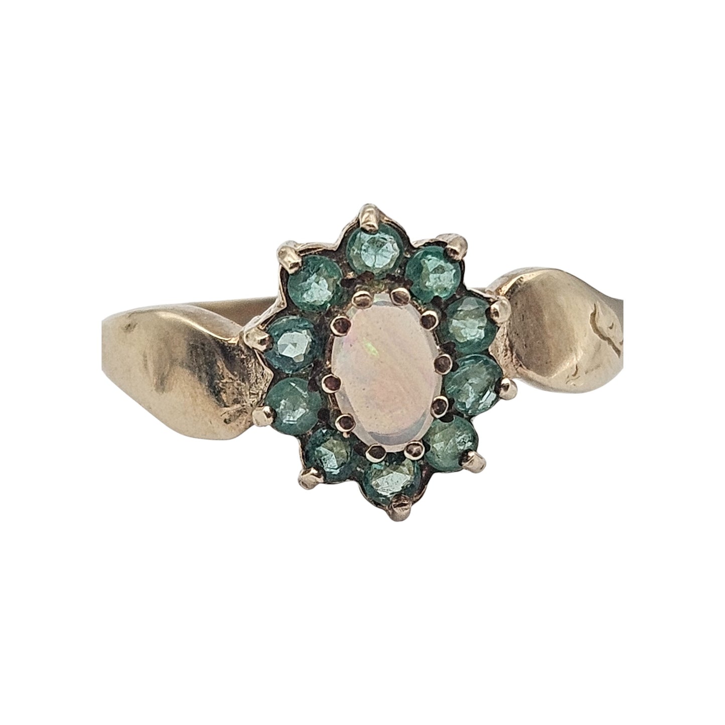 9ct 375 Yellow Gold Opal & Emeralds Ring Size P 1/2 2.9 g.