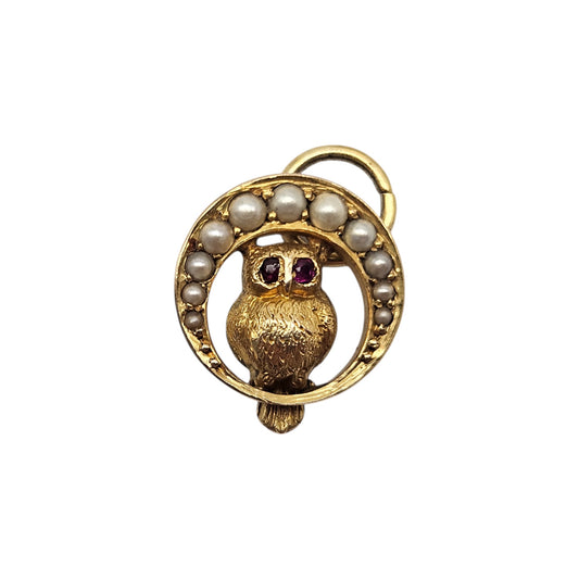 Rare Antique 9ct Yellow Gold Crescent Owl Charm With Ruby & Pearls c.1900