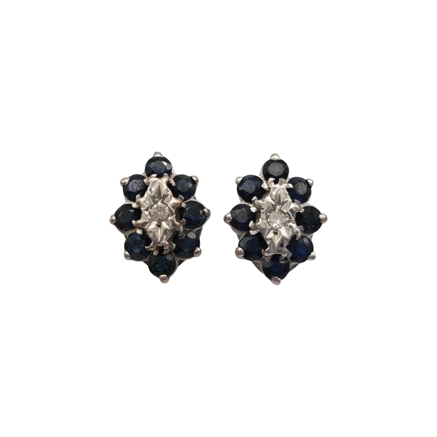 Pair Of 9ct 375 White Gold Ear Studs With Diamond & Sapphires 1970's 3.2 g.