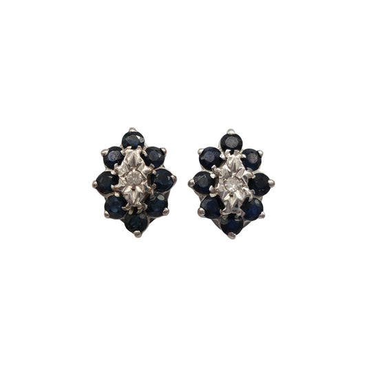 Pair Of 9ct 375 White Gold Ear Studs With Diamond & Sapphires 1970's 3.2 g.