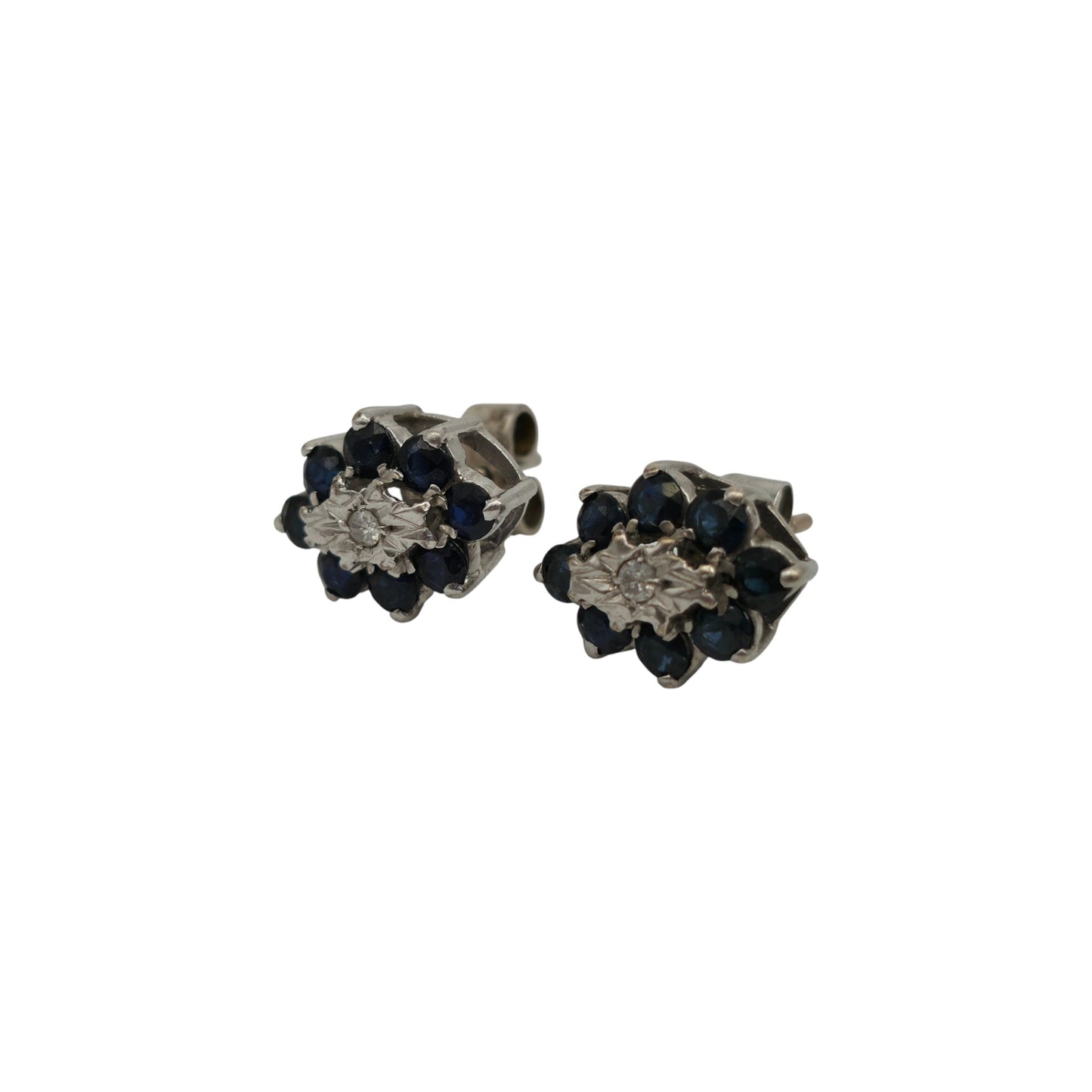 Pair Of 9ct 375 White Gold Ear Studs With Diamond & Sapphires 1970's 3.2 g.
