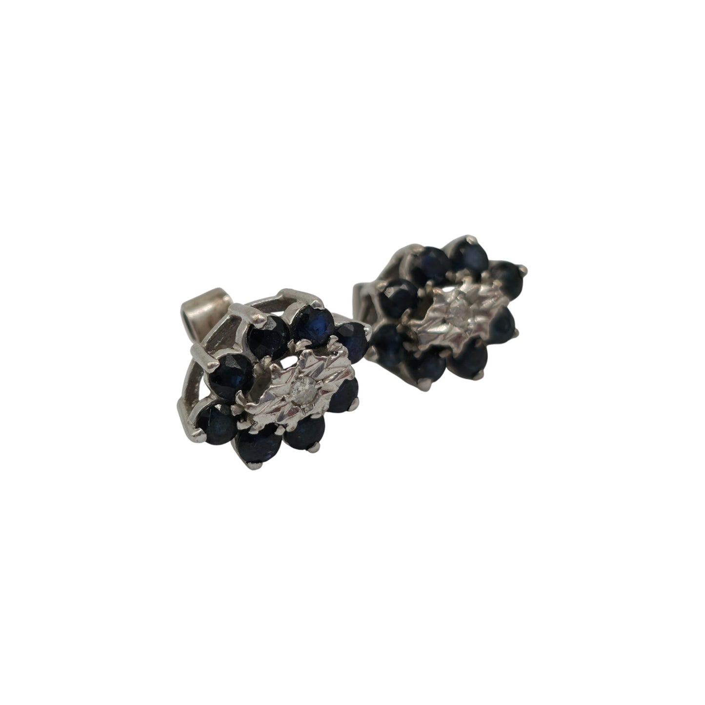 Pair Of 9ct 375 White Gold Ear Studs With Diamond & Sapphires 1970's 3.2 g.
