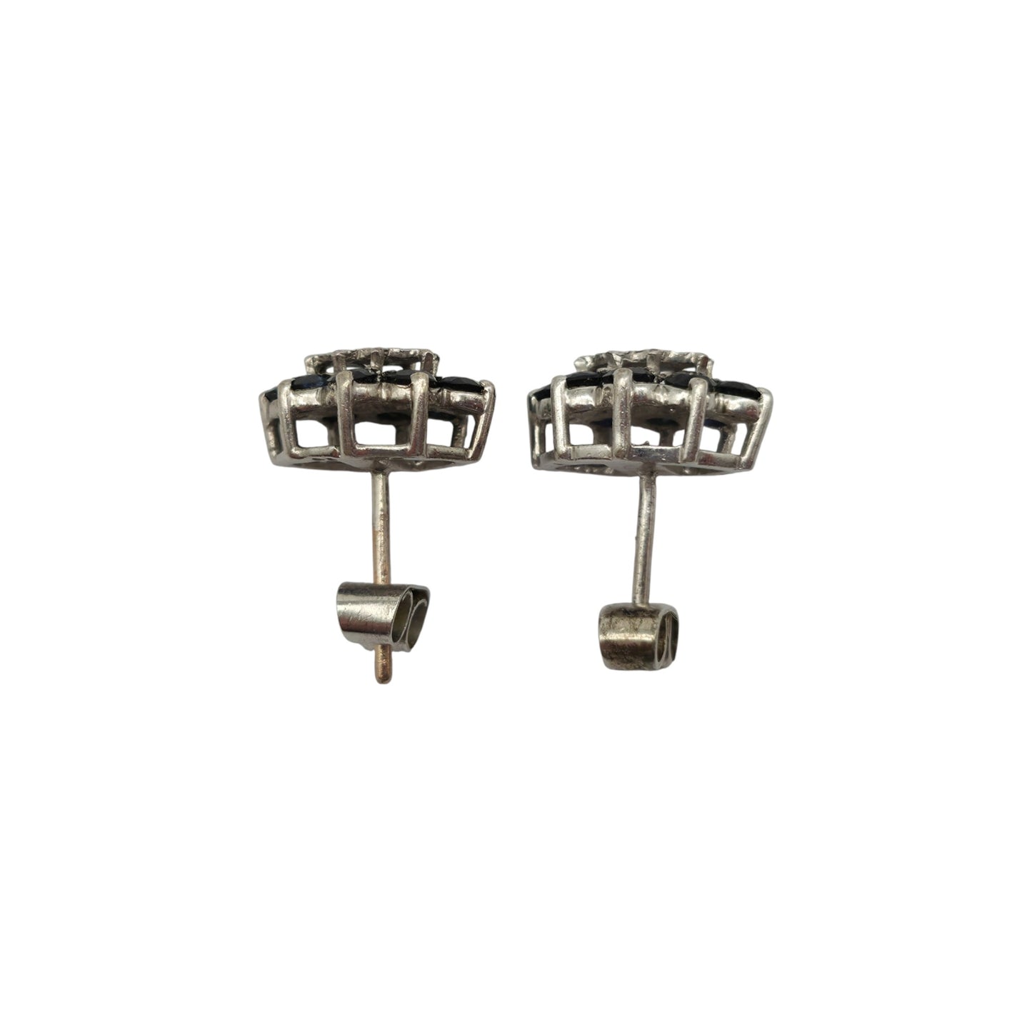 Pair Of 9ct 375 White Gold Ear Studs With Diamond & Sapphires 1970's 3.2 g.